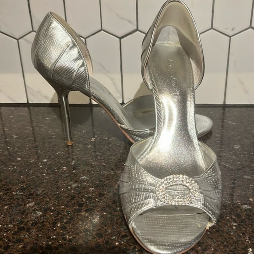 Aldo Silver High Heels Leather Open Toe Stilettos W Rhinestones Womens Sz 8
